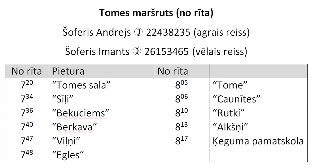Tomes autobusu saraksts no rīta